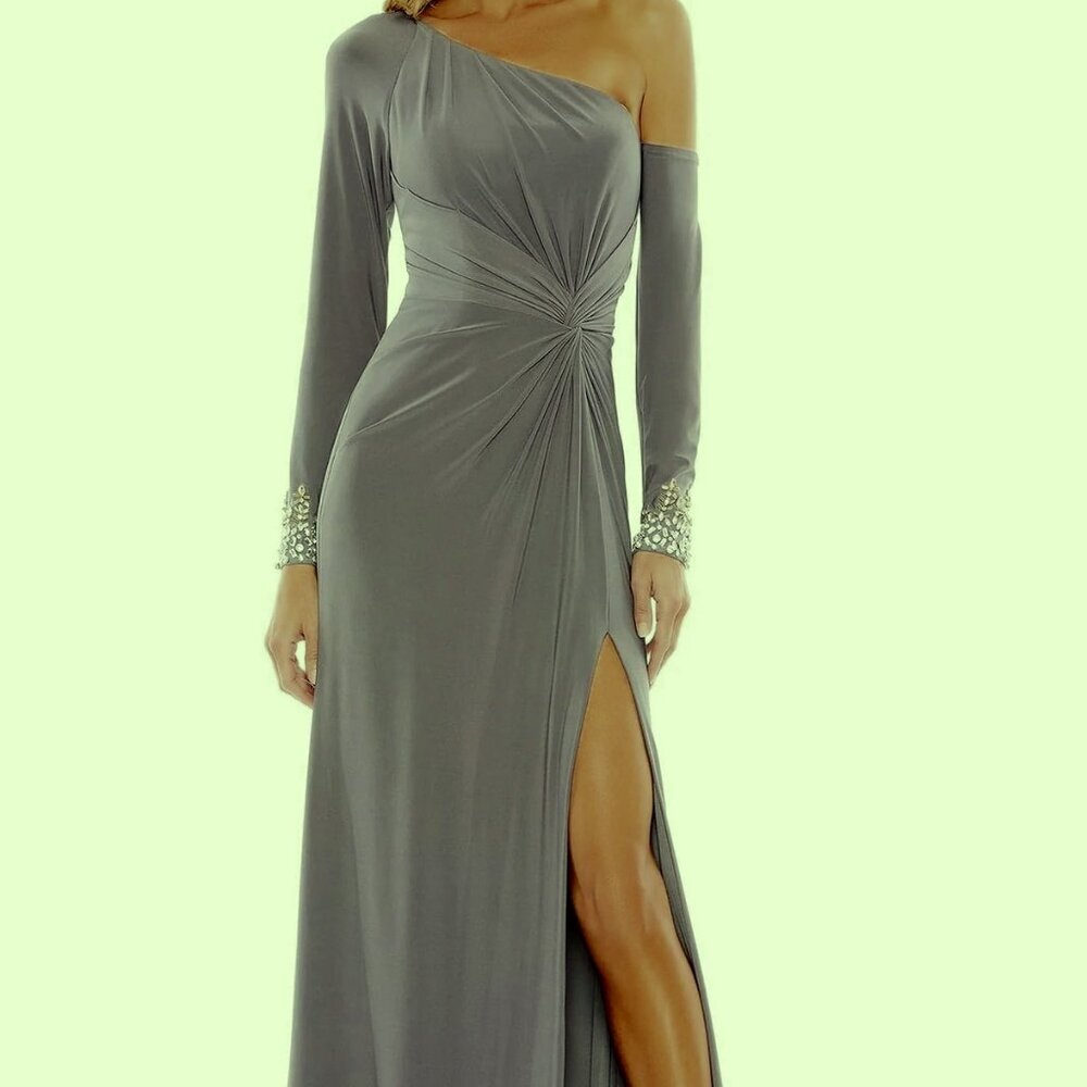 Ieena Mac Duggal Charcoal Gray One-Shoulder Long Sleeve Side Slit Gown